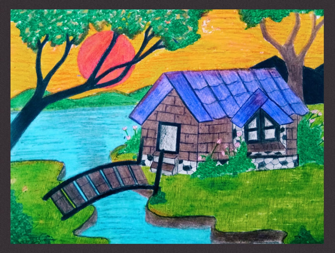 Cute Home at River Bank, Painting by Juna Anju