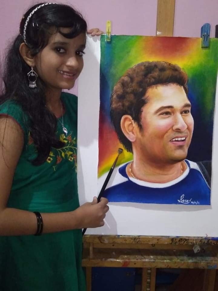 Rosemaria Sebastian with Painting of Sachin Tendulkar