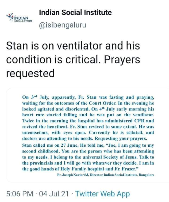Fr Stan is Critical, Prayers Requested