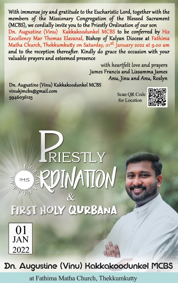Priestly Ordination of Dn Augustine (Vinu) Kakkakoodunkel MCBS |&nbsp;Invitation