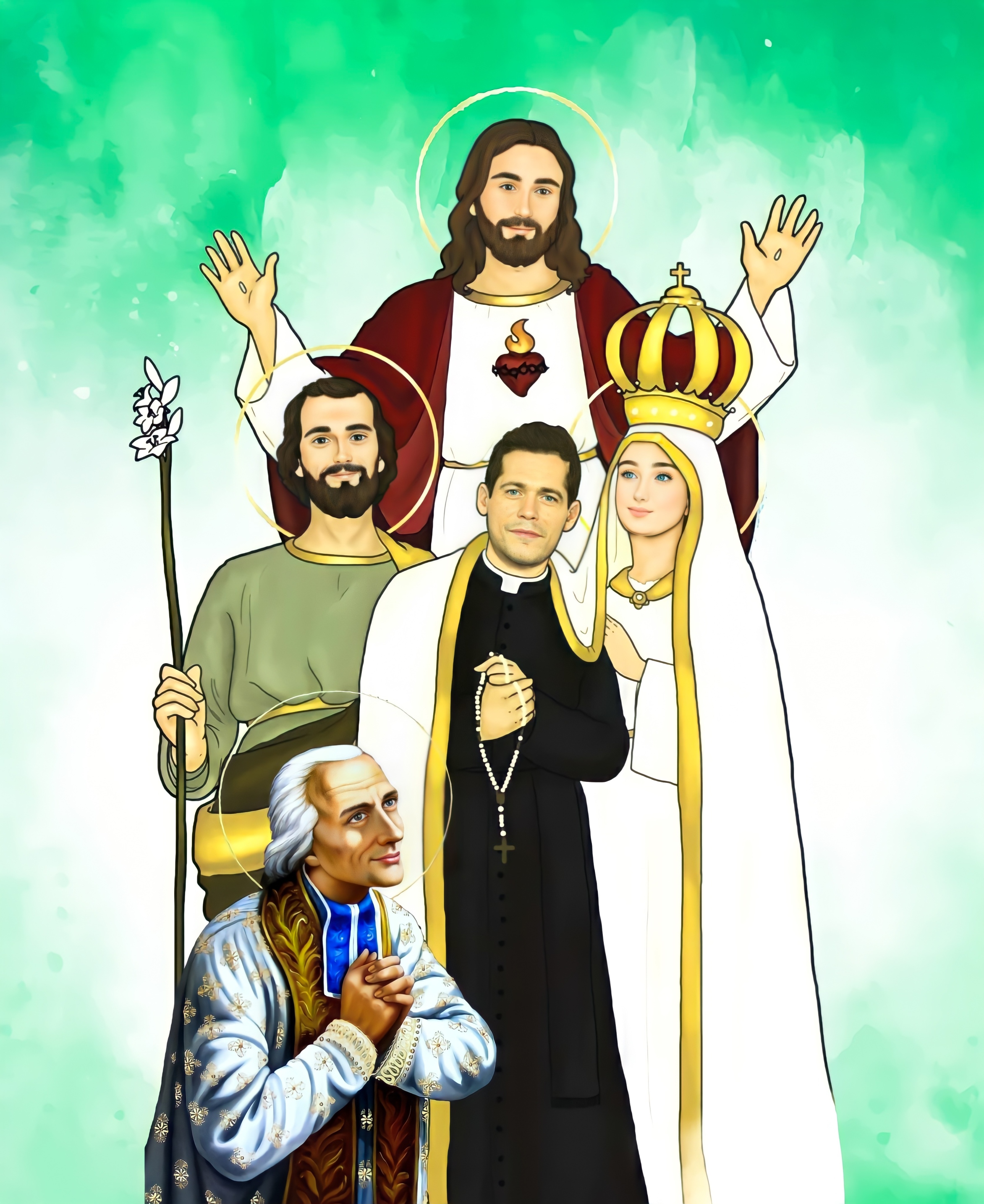 Priest with Jesus, Mary, Joseph and St. John Maria Vianney