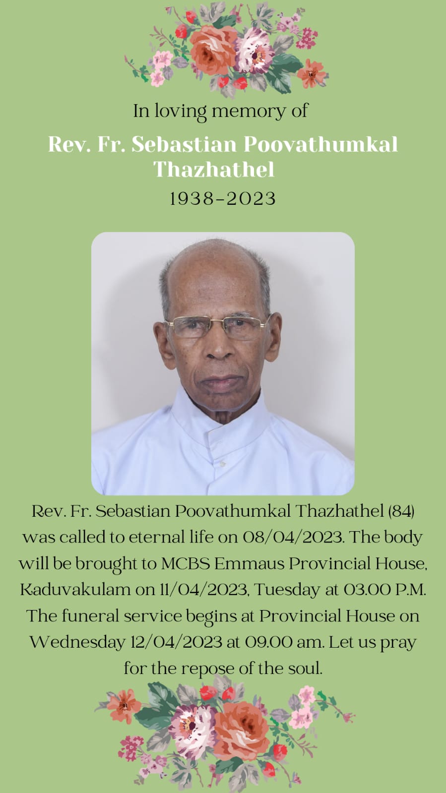 Rev. Fr Sebastian Poovathumkal MCBS (1938-2023)