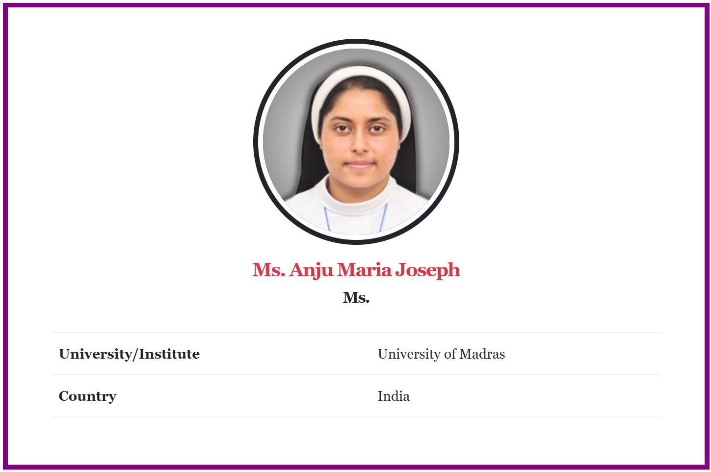 ജിയോളജിയിൽ യങ് റിസർചർ അവാർഡ് നേടിയ കത്തോലിക്ക സന്യാസിനി