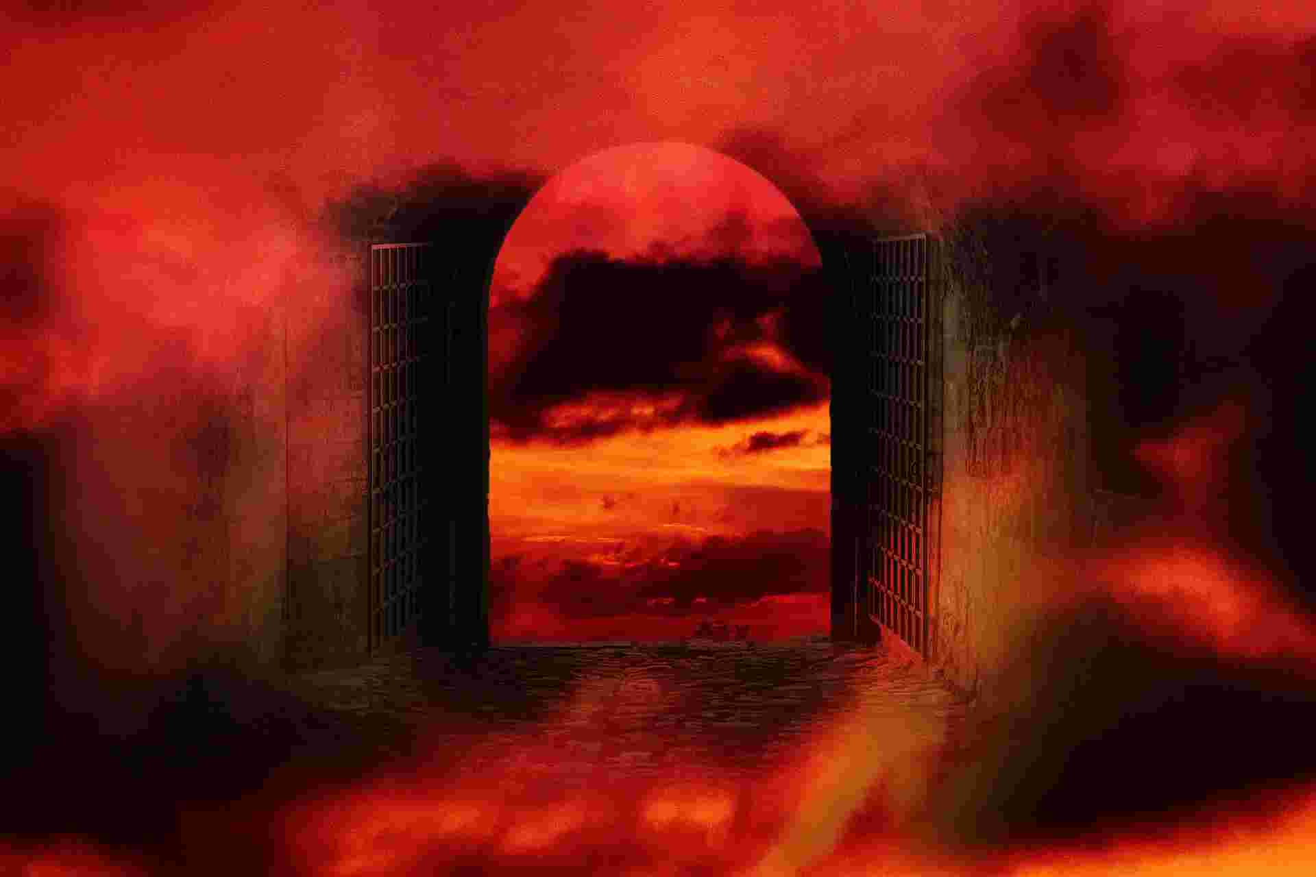 Open gates leading to a vibrant red sunset with a large sun and dramatic clouds