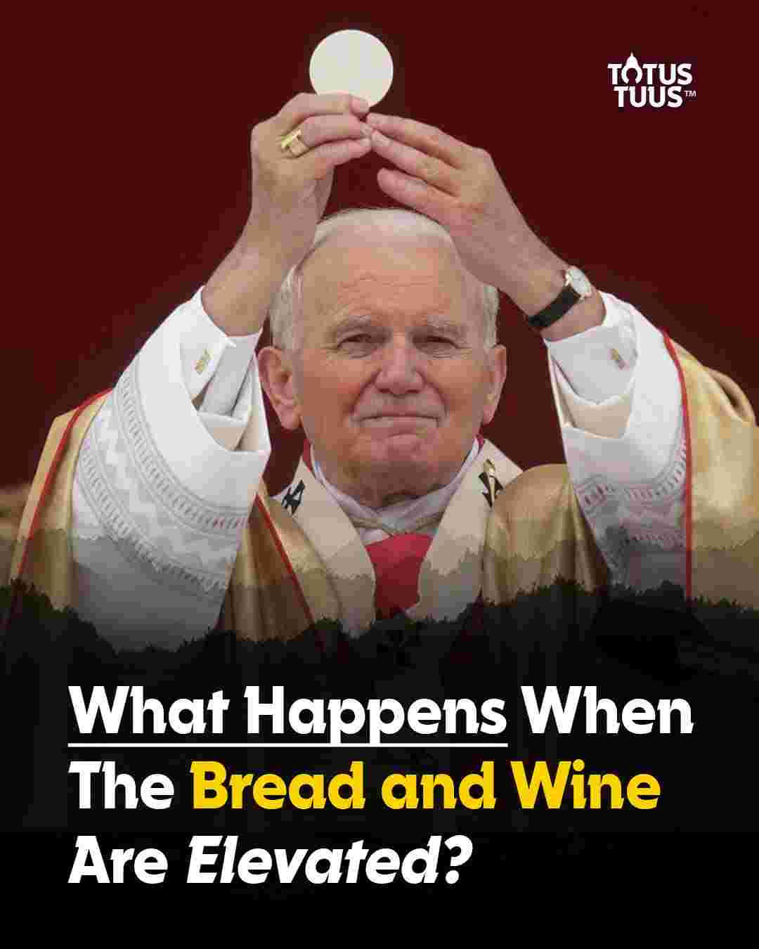Pope John Paul II elevating the Eucharist. Text: What Happens When The Bread and Wine Are Elevated?