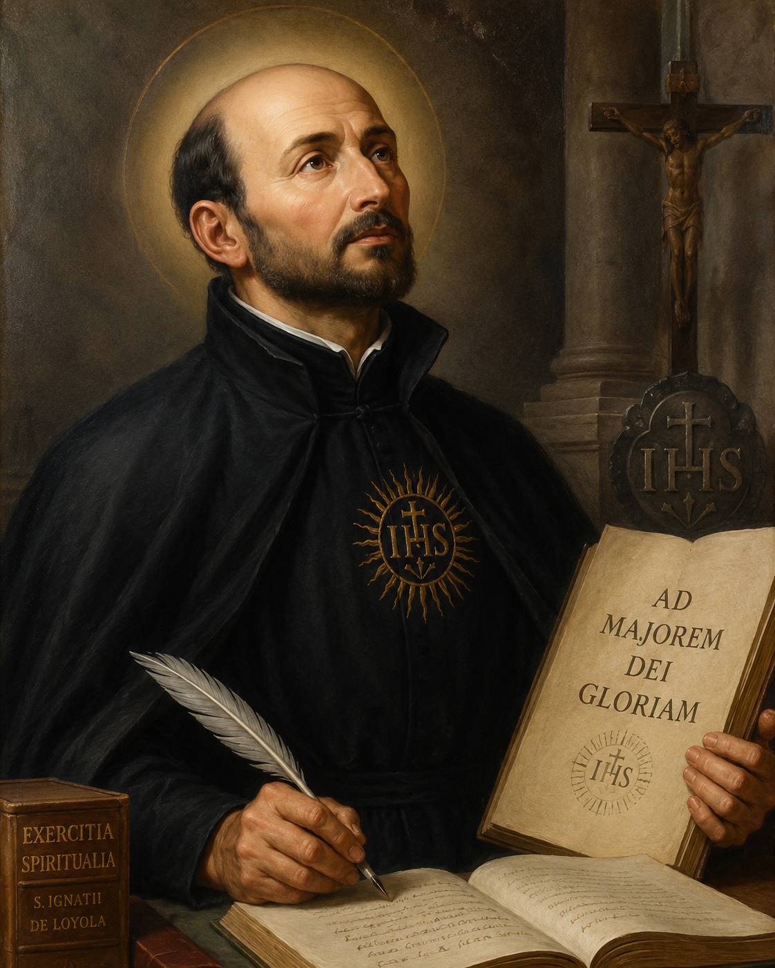 Saint Ignatius of Loyola holding a quill and a book inscribed with the Jesuit motto Ad Majorem Dei Gloriam