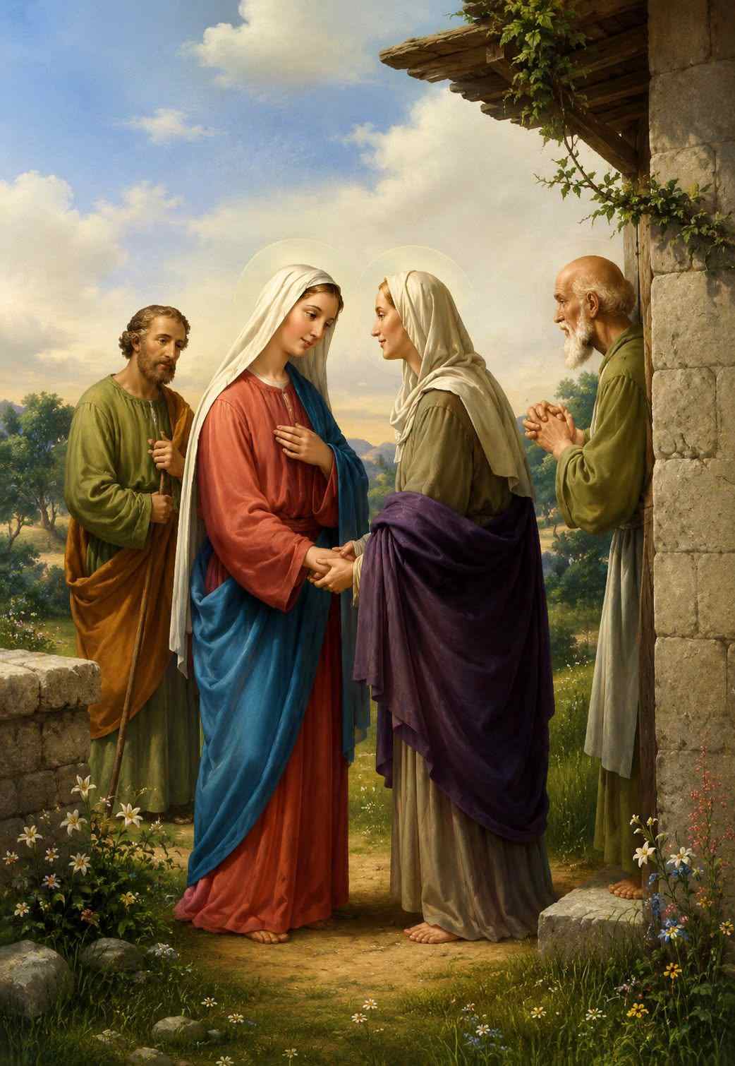The Visitation of the Blessed Virgin Mary meeting Elizabeth as John the Baptist leaps with joy in the womb